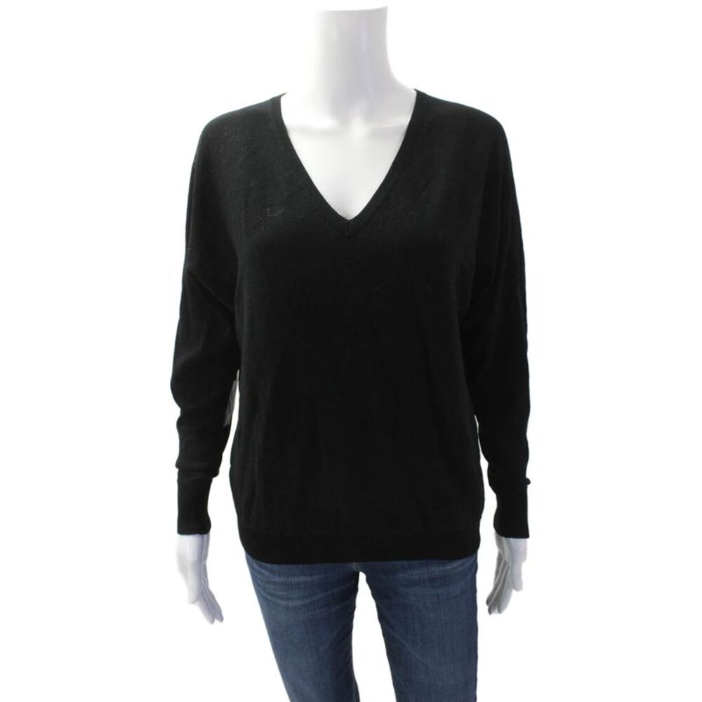 Sogi Womens Patch Detail Long Sleeve V-Neck Pullover Sweater Black Size S